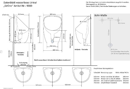 Maßblatt wasserloses Urinal SirOne