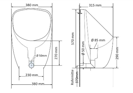 massblatt wasserloses Urinal SirOne Front und Seite